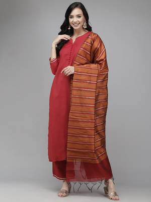 Indo Era Maroon Solid Straight Kurta Palazzo with Dupatta Set 1