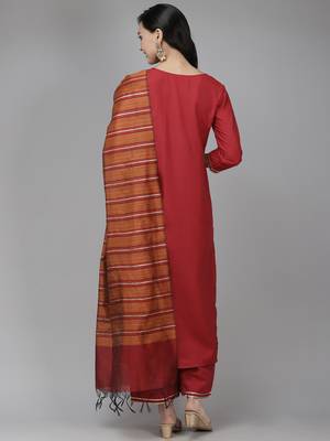 Indo Era Maroon Solid Straight Kurta Palazzo with Dupatta Set 2