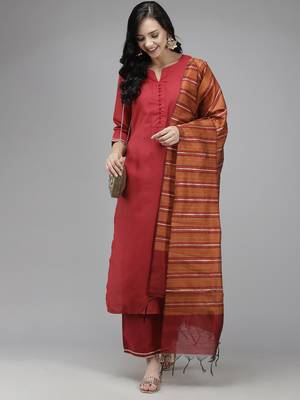 Indo Era Maroon Solid Straight Kurta Palazzo with Dupatta Set 4