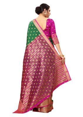 Green woven silk blend saree with blouse 3