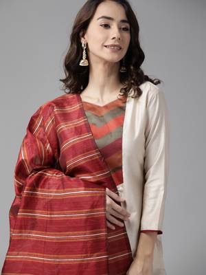 Indo Era Cream Solid Straight Kurta Palazzo with Dupatta Set 5