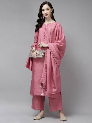 Indo Era Pink Solid Kurta Palazzo with Dupatta Set 4