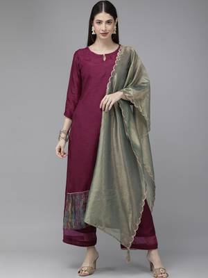 Indo Era Wine Solid Straight Kurta Palazzo with Dupatta Sets 1