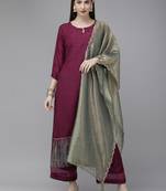 Indo Era Wine Solid Straight Kurta Palazzo with Dupatta Sets