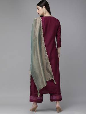 Indo Era Wine Solid Straight Kurta Palazzo with Dupatta Sets 2