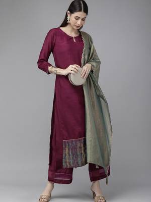 Indo Era Wine Solid Straight Kurta Palazzo with Dupatta Sets 4