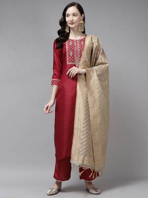 Indo Era Maroon Embroidered Straight Kurta Palazzo With Dupatta Set 1