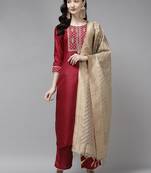 Indo Era Maroon Embroidered Straight Kurta Palazzo With Dupatta Set