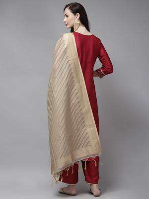 Indo Era Maroon Embroidered Straight Kurta Palazzo With Dupatta Set 2