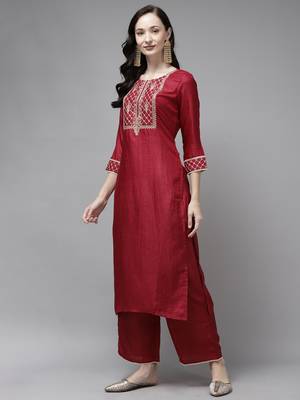 Indo Era Maroon Embroidered Straight Kurta Palazzo With Dupatta Set 3