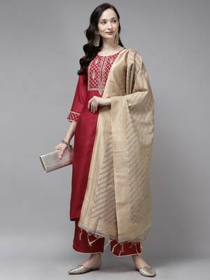 Indo Era Maroon Embroidered Straight Kurta Palazzo With Dupatta Set 4