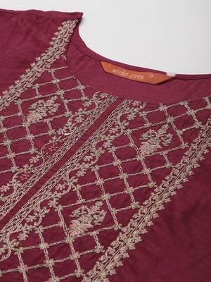 Indo Era Maroon Embroidered Straight Kurta Palazzo With Dupatta Set 5