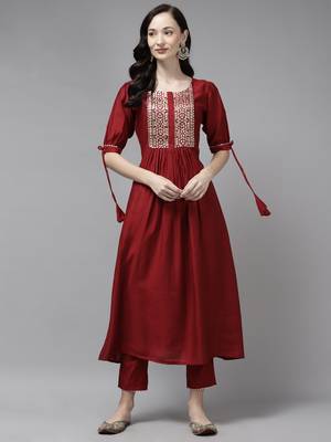 Indo Era Red Solid Straight Kurta Trouser Set 1