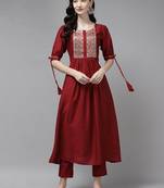 Indo Era Red Solid Straight Kurta Trouser Set