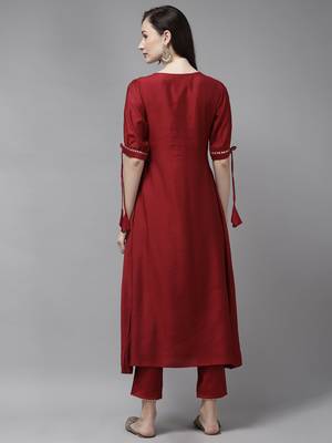 Indo Era Red Solid Straight Kurta Trouser Set 2