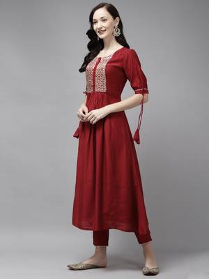 Indo Era Red Solid Straight Kurta Trouser Set 3