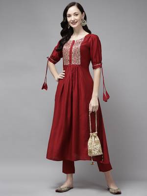 Indo Era Red Solid Straight Kurta Trouser Set 4