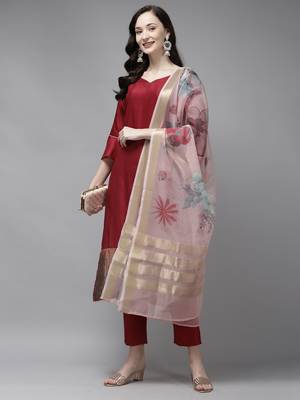 Indo Era Red Foil Floral Printed Kurta Palazzo with Dupatta Sets 4