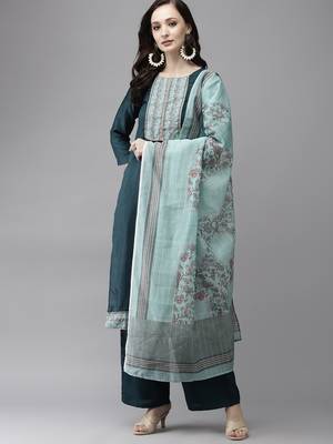 Indo Era Sea Green Solid Straight Kurta Palazzo With Dupatta Set 1