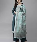 Indo Era Sea Green Solid Straight Kurta Palazzo With Dupatta Set