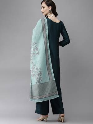 Indo Era Sea Green Solid Straight Kurta Palazzo With Dupatta Set 2
