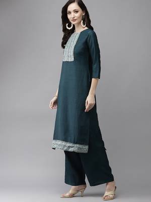 Indo Era Sea Green Solid Straight Kurta Palazzo With Dupatta Set 3