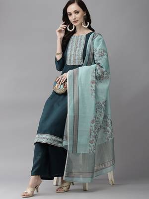 Indo Era Sea Green Solid Straight Kurta Palazzo With Dupatta Set 4