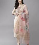 Indo Era Off White Embroidered Straight Kurta Trouser With Dupatta Set