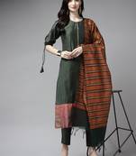 Indo Era Green Solid Kurta Trouser With Ready Made Dupatta Set