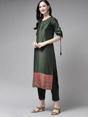 Indo Era Green Solid Kurta Trouser With Ready Made Dupatta Set 3
