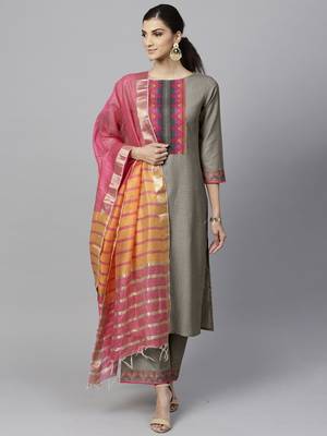 Indo Era Grey Solid  Straight Kurta Palazzo With Dupatta Set 1