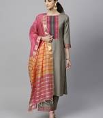 Indo Era Grey Solid  Straight Kurta Palazzo With Dupatta Set