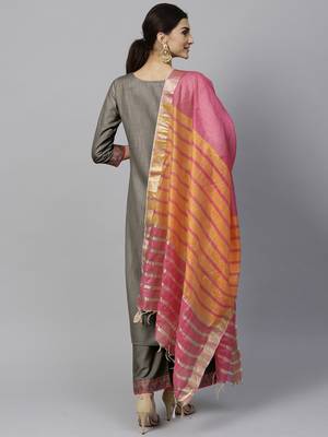 Indo Era Grey Solid  Straight Kurta Palazzo With Dupatta Set 2