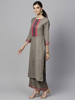 Indo Era Grey Solid  Straight Kurta Palazzo With Dupatta Set 3