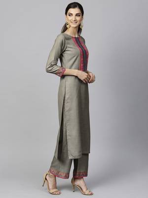 Indo Era Grey Solid  Straight Kurta Palazzo With Dupatta Set 4