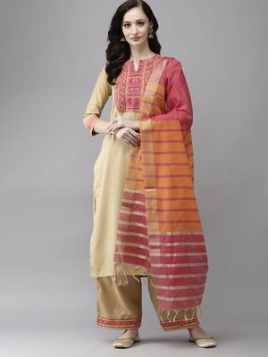 Indo Era Beige Solid Straight Kurta Palazzo With Dupatta Set 1