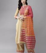 Indo Era Beige Solid Straight Kurta Palazzo With Dupatta Set