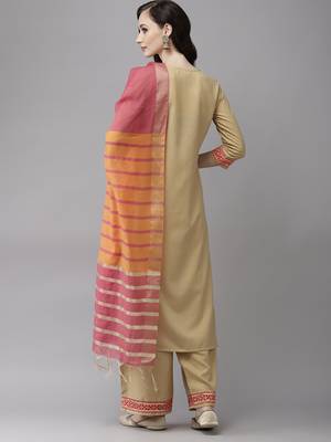 Indo Era Beige Solid Straight Kurta Palazzo With Dupatta Set 2