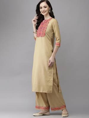 Indo Era Beige Solid Straight Kurta Palazzo With Dupatta Set 3