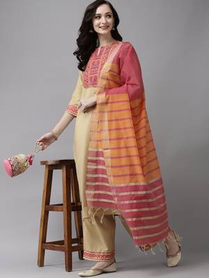 Indo Era Beige Solid Straight Kurta Palazzo With Dupatta Set 4