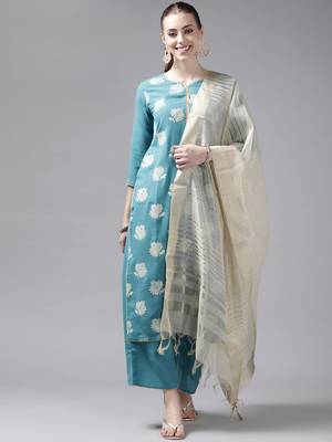 Indo Era Blue Printed Straight Kurta Palazzo With Dupatta Set 1