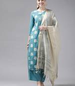 Indo Era Blue Printed Straight Kurta Palazzo With Dupatta Set