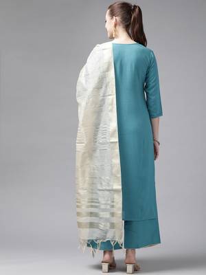 Indo Era Blue Printed Straight Kurta Palazzo With Dupatta Set 2