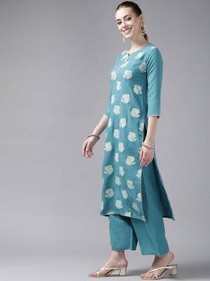 Indo Era Blue Printed Straight Kurta Palazzo With Dupatta Set 3