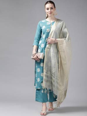 Indo Era Blue Printed Straight Kurta Palazzo With Dupatta Set 4