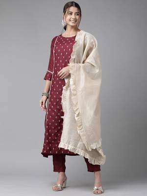 Indo Era Wine Embroidred A - Line Kurta Trouser With Dupatta 1