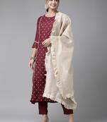 Indo Era Wine Embroidred A - Line Kurta Trouser With Dupatta
