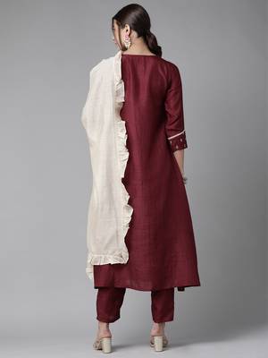 Indo Era Wine Embroidred A - Line Kurta Trouser With Dupatta 2