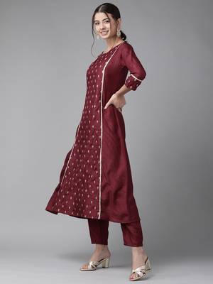 Indo Era Wine Embroidred A - Line Kurta Trouser With Dupatta 3
