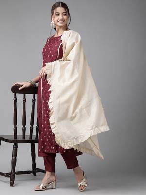 Indo Era Wine Embroidred A - Line Kurta Trouser With Dupatta 4